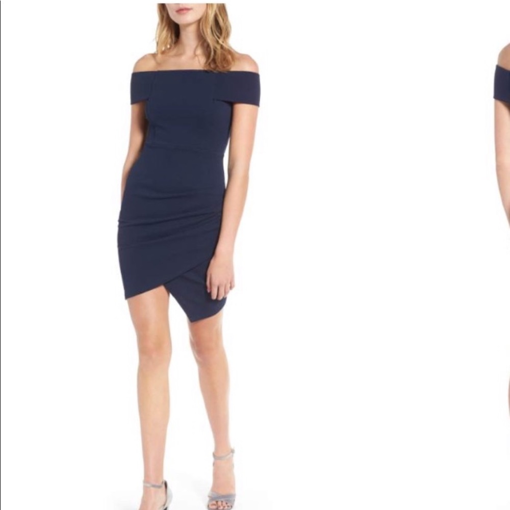 Soprano Off The Shoulder Envelope Hem Dress - Navy - M
